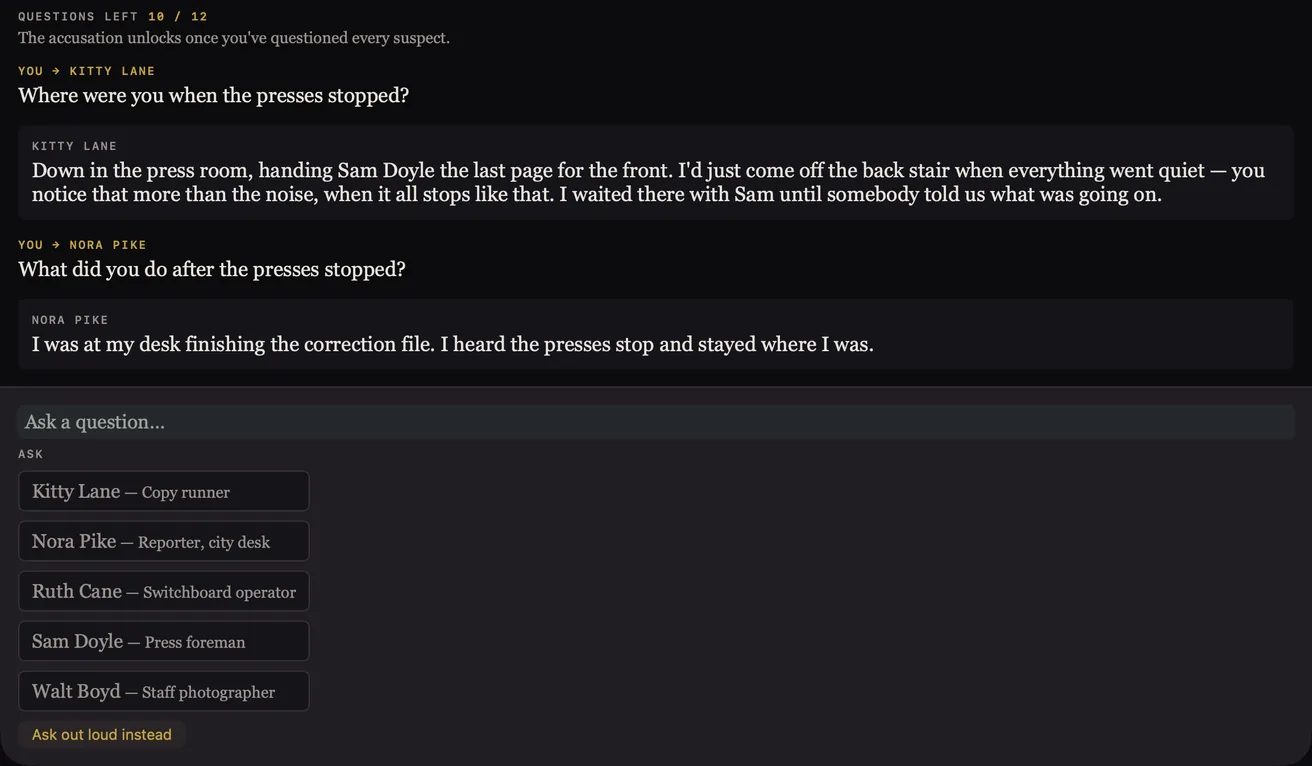 The interrogation screen: a counter reading ten questions left of twelve, a transcript
              of spoken questions and the suspects' answers, and a list of five suspects to put the
              next question to.